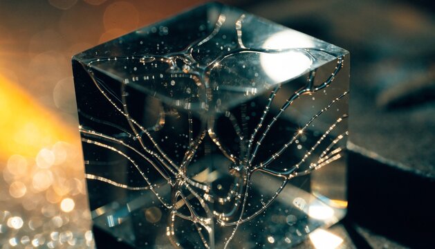 Macro shot of liquid mercury forming glowing fiber-optic threads inside a polished quartz cube, cinematic lighting.  