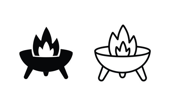 Fire pit bowl with flames icon set in filled and stroke styles.