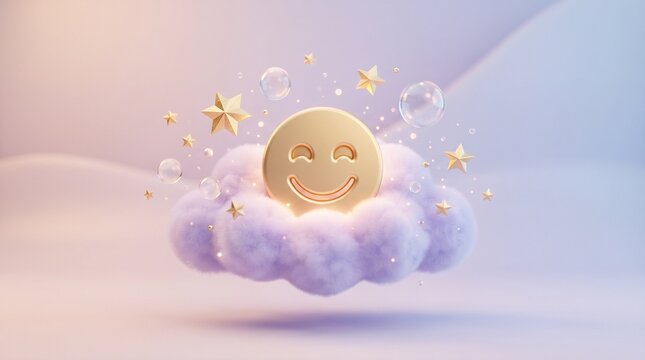 A golden smiling face symbol floating above a soft purple fluffy cloud with golden stars and transparent bubbles in a dreamlike setting