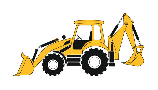 A yellow backhoe loader construction vehicle isolated on a white background.