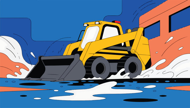 A vibrant yellow skid steer loader operating in a construction site environment.