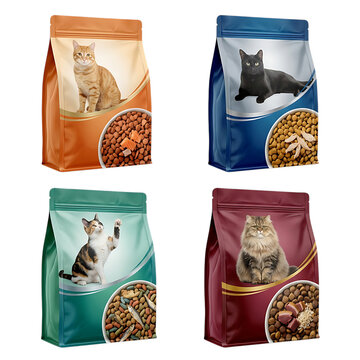 Set of four different colorful bags of dry cat food with illustrations of various cute cats and nutritional kibble patterns for healthy pet nutrition and care