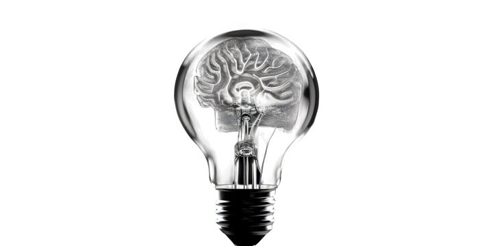Glowing human brain inside a classic glass light bulb creating intellectual inspiration on transparent background