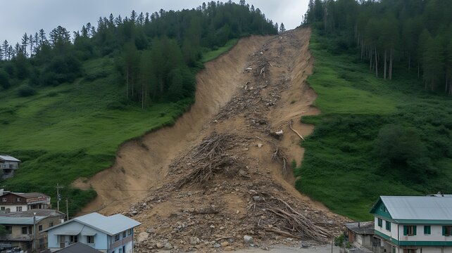 An enormous landslide crashing down a steep mountainside, trees uprooted and debris hurtling down, with nearby buildings barely holding on as the earth gives way
