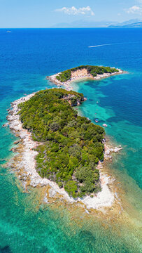Aerial drone view of the twin Ksamil islands (Ishujt Binjak&Atilde;&laquo;), turquoise waters, and scenic coastline in southern Albania