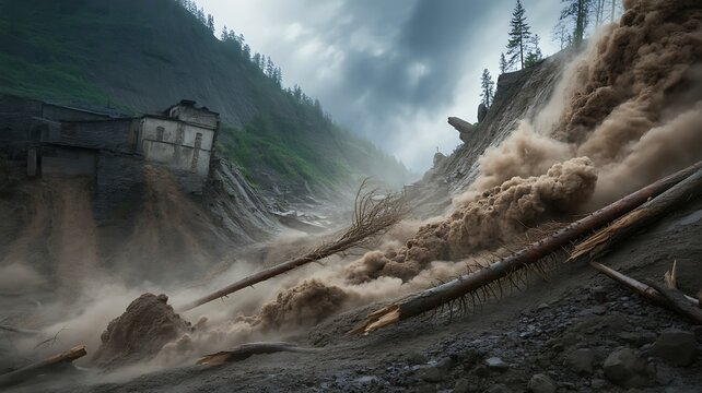 An enormous landslide crashing down a steep mountainside, trees uprooted and debris hurtling down, with nearby buildings barely holding on as the earth gives way