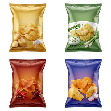 Set of four different potato chip bags with various flavors like original sour cream chili and cheese snacks in realistic plastic packaging for food advertising