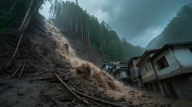An enormous landslide crashing down a steep mountainside, trees uprooted and debris hurtling down, with nearby buildings barely holding on as the earth gives way