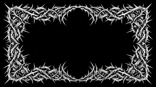 Gothic Crown of Thorns Frame Border Illustration in Black and White Metal Style for Dark Art and Religious Design