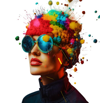Stylish woman wearing vibrant multi colored textured winter hat and blue sunglasses on transparent background