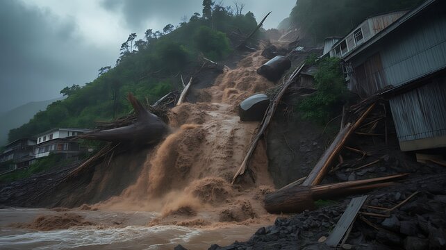An enormous landslide crashing down a steep mountainside, trees uprooted and debris hurtling down, with nearby buildings barely holding on as the earth gives way