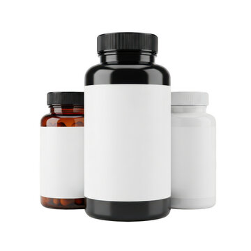 Three different sized medicine bottles with blank labels on a white background