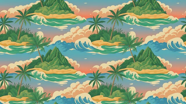 Beautiful vector tropical seamless pattern with hand drawn paradise islands with mountains and palm trees on beaches with ocean and clouds in sky. Ready tropical print design. 