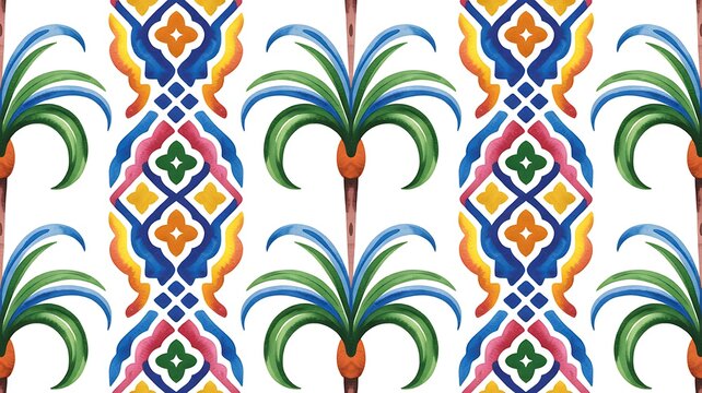 Seamless Multicolored Watercolor Moroccan Pattern with Stylized Palm Trees and Geometric Texture , Creative Repeat Modern Pattern with Ornamental Design