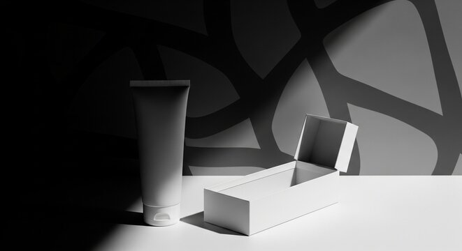 Minimalist 3D Rendered Cosmetic Tube and Open Box Set with Abstract Shadow Patterns for Beauty Branding Mockup Display