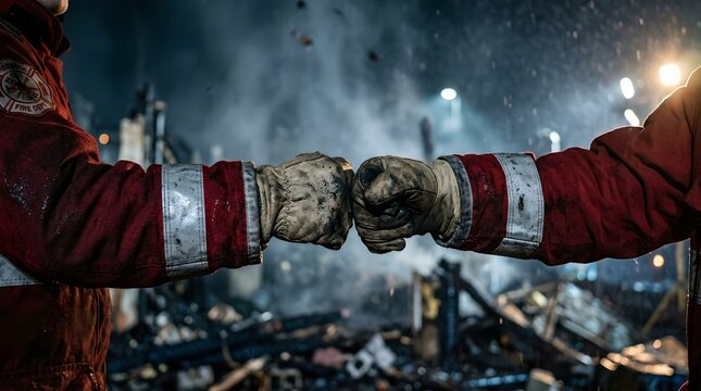Firefighters giving fist bump gesture after successful rescue operation amidst smoke and fire debris