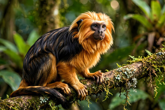 Golden-Headed Lion Tamarin Sitting on Branch in Tropical Brazilian Forest