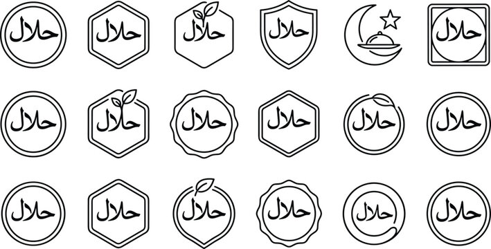 Halal Certified Product Line Art Icon Set with Arabic Typography Seals for Islamic Food Packaging, Restaurant Menus, and Compliance Labeling Vector Designs