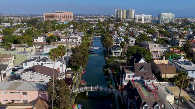 Aerial Venice Canal Historic District Los Angeles Residential Waterway Flyover