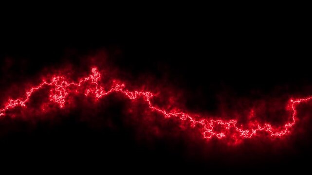 Abstract red electric energy wave glowing on black background, fiery lightning plasma light effect