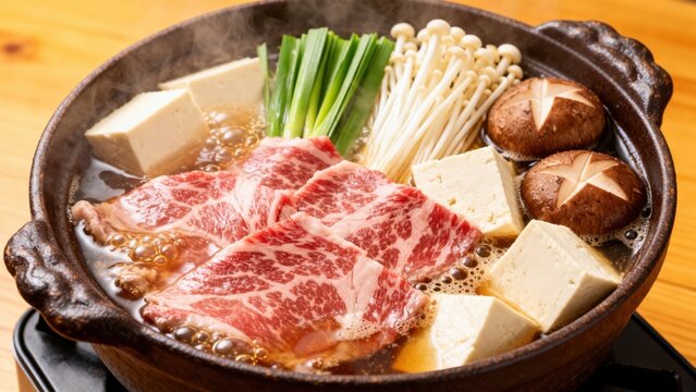 A bubbling hot pot of Japanese sukiyaki featuring thinly sliced marbled beef, tofu, shirataki noodles, Napa cabbage, enoki mushrooms, and shiitake, simmered in a sweet-savory soy-based broth, ready fo