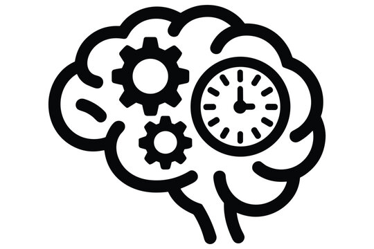 Brain and gear clock icon representing thinking, time management, and mental process concepts