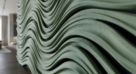 Fototapeta premium Parametric architectural acoustic wall panel with sweeping continuous matte green waves