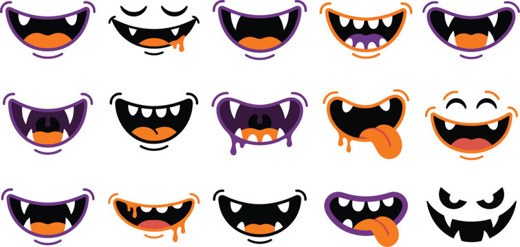 Set of various scary monster mouths with sharp teeth and tongues isolated on a white background for halloween designs