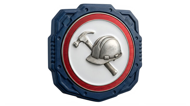 Labor Day Futuristic Construction Badge Design, Metal Hammer and Helmet Icon, Hexagonal Game Asset with Red and Blue Borders, Building Tool Emblem for UI, Video Game Art, Vector Style png