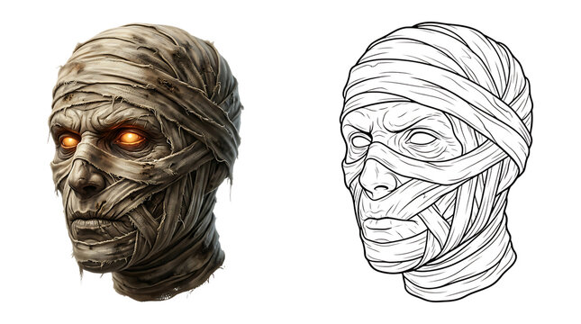 Mummy head with glowing eyes and line art illustration isolated on transparent background, helloween, helloween 2026, helloween png, helloween element