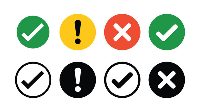 Checkmarks exclamation marks and crosses in various colors including green yellow red and black on white background simple icons for user interface design