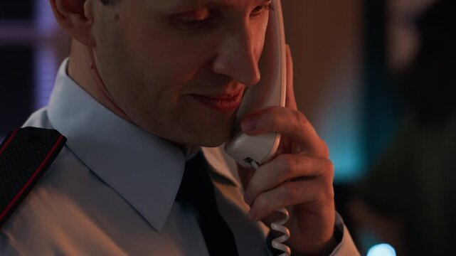 Middle-aged Caucasian male officer talking on landline telephone in command center. Footage is suitable for emergency response, law enforcement training, or military dispatch commercials