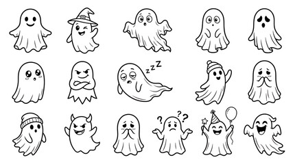 Fototapeta premium Set of cute cartoon ghosts with different emotions and accessories, Halloween, Halloween 2026, Halloween png, Halloween element, isolated on transparent background