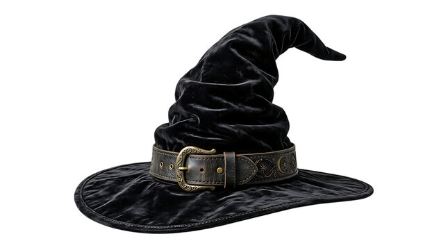 Black velvet witch hat with decorative celestial belt isolated on transparent background, helloween, helloween 2026, helloween png, helloween element