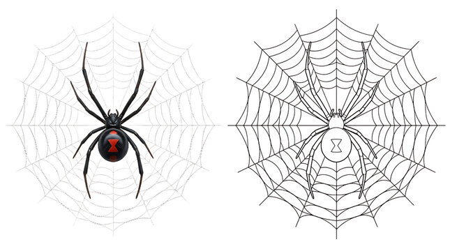 Realistic and line art black widow spider on web, helloween, helloween 2026, helloween png, helloween element isolated on transparent background
