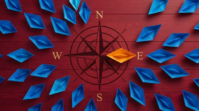 Navigational leadership concept with paper boats and compass.