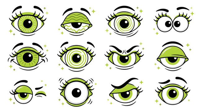 Set of cartoon green eyes with various expressions and emotions, helloween, helloween 2026, helloween png, helloween element isolated on transparent background