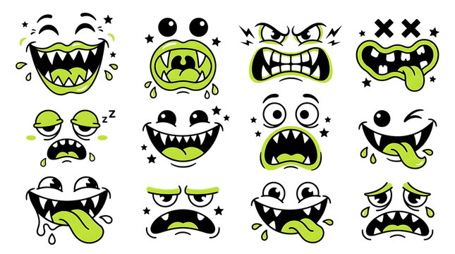 Set of cartoon monster faces with various expressions and emotions, helloween, helloween 2026, helloween png, helloween element isolated on transparent background