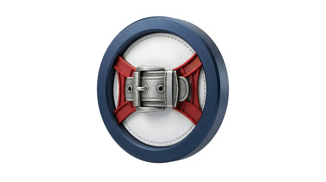 Labor Day Industrial pulley wheel details, mechanical sheave with red yoke and blue rim, metal bearing mechanism isolated on white background, hardware component parts png
