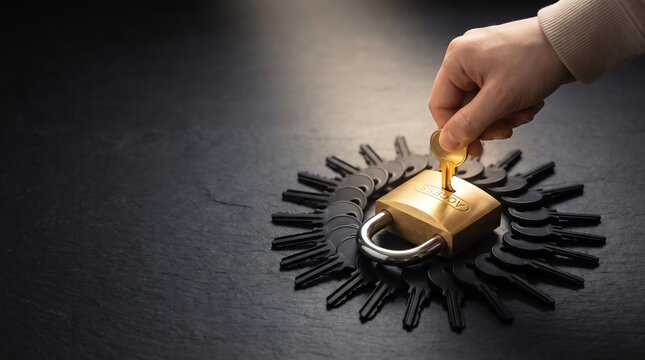 Hand unlocks golden padlock with many keys around, security concept