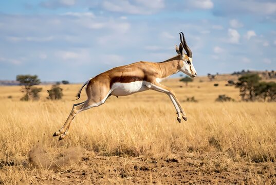 Springbok Antidorcas marsupialis Leaping Across African Savanna