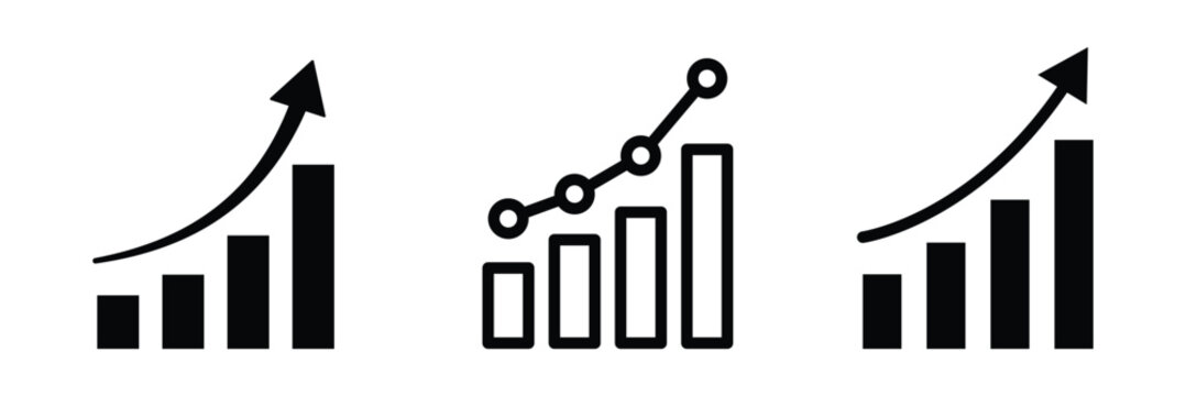 zigzag business growth graph with arrow moving upward direction. Up and down graph chart vector icon set. Growth increase and decrease sign. Upward or downward trend bar chart icon.