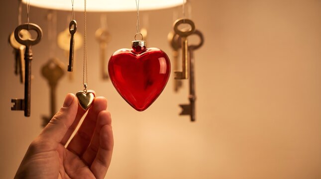 Hand Reaching for Red Heart Ornament Among Vintage Keys