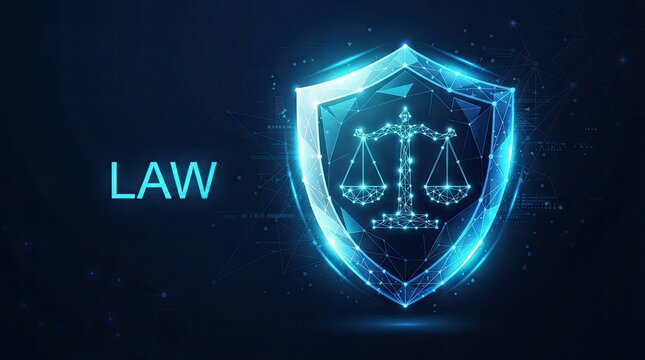Digital glowing shield icon with scales of justice representing legal protection and law enforcement on dark blue background