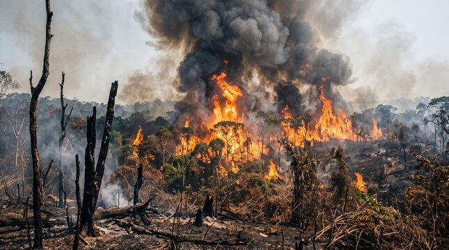 Devastating wildfire burning through dry forest landscape.