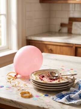 Empty Birthday Plates After Party Stacked Beneath Deflated Balloons