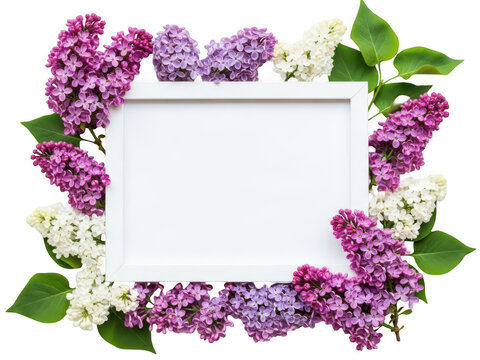 A white frame surrounded by purple and white flowers