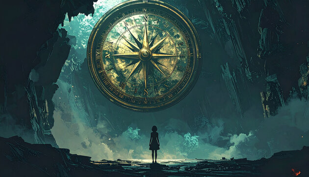 A solitary silhouette stands before a giant, glowing golden compass suspended in a mystical, foggy cavern. This cinematic fantasy evokes wonder and discovery, perfect for themes of life direction.