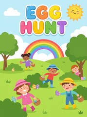 Fototapeta premium Egg hunt poster with happy kids collecting colorful eggs in green spring park. Children with baskets searching for easter eggs under rainbow. Easter holiday celebration concept.