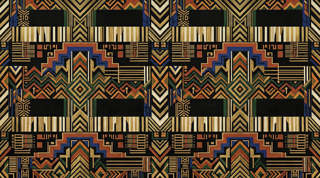african art inspired geometric pattern with vibrant colors and bold lines on a dark background, suitable for cultural textiles.